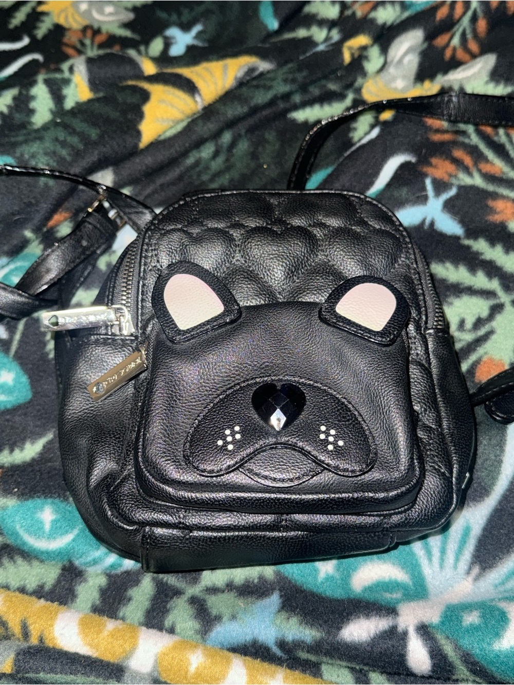Betsey Johnson Black French Bulldog Mini Backpack Crossbody Purse Faux Leather